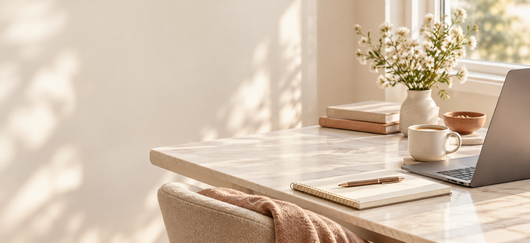 Espacio de trabajo cálido con computadora, cuaderno, café y flores