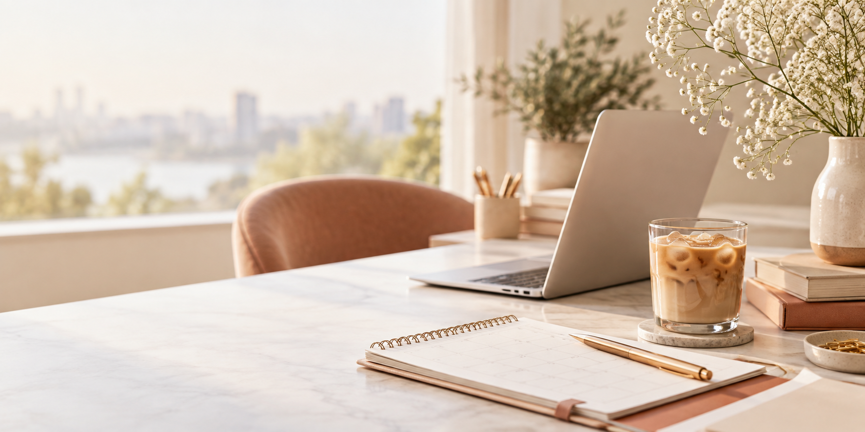 Escritorio de planificación con computadora, agenda y café